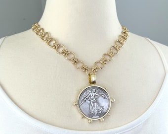 Coin Necklace, Chunky Necklace, Medallion Necklace, Angel Necklace, Statement Necklace, Reversible Necklace, Reproduction Coin, French Coin