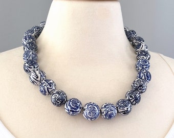 Chinoiserie Porcelain Bead Necklace: Blue and White Statement Jewelry