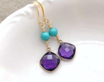 Amethyst Earrings - Gemstone Earrings - Turquoise Earrings - Beaded Earrings - Purple Earrings - Jewel tone earrings - Colorful Earrings