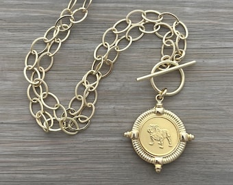 Gold Bulldog Medallion Necklace: Chunky Coin Pendant