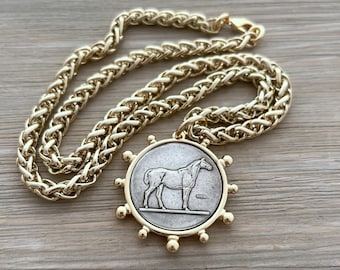 Coin Necklace - French Coin Necklace - Chunky Necklace - Statement Necklace, Horse Necklace - Gold Coin Necklace - Equestrian, Horse,