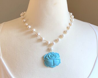 Turquoise Necklace, Pearl Necklace, Flower Necklace, Tin Cup Necklace, Boho Necklace, Statement Necklace, Rosary Style Necklace,