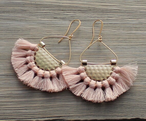 Pink Round Earrings Boho Tassel Earrings Fiber Wrapped Earrings Modern Boho Earrings Fiber Jewelry
