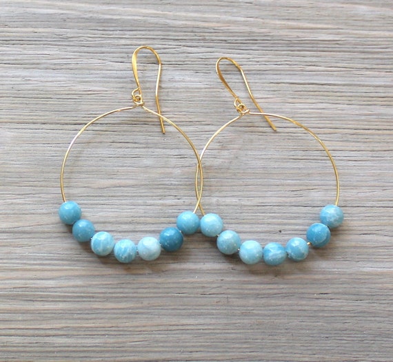 Beaded Hoop Earrings Larimar Earrings Quatrefoil Earrings Etsy