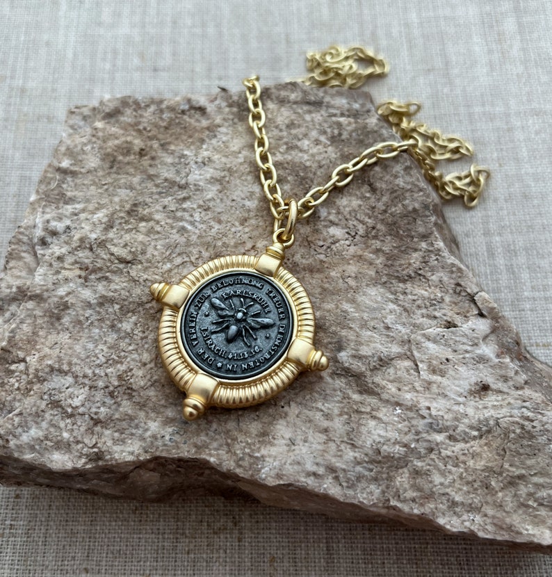 Gold Coin Necklace, French Bee Necklace, Chunky Necklace, Gunmetal Necklace, Bee Necklace, Reproduction Coin Necklace, Mixed Metal Necklace image 9