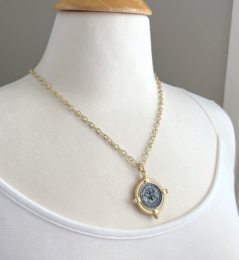 Gold Coin Necklace, French Bee Necklace, Chunky Necklace, Gunmetal Necklace, Bee Necklace, Reproduction Coin Necklace, Mixed Metal Necklace image 4