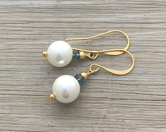 Shell Pearl Earrings - London Blue Topaz Earrings - Pearl Earrings, Topaz Earrings, Pearl and Topaz Earrings, London Blue Earrings,