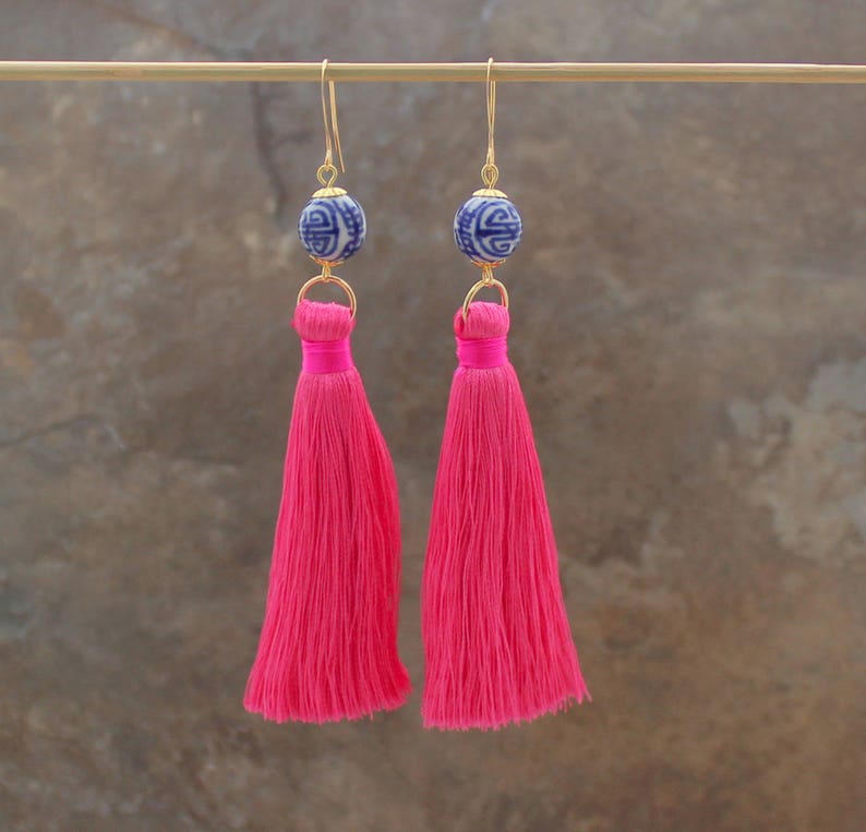 White Tassel Earrings Long Tassel Earrings Boho Silk Tassel Earrings Chinoiserie Earrings Statement Earrings Tassle Earrings