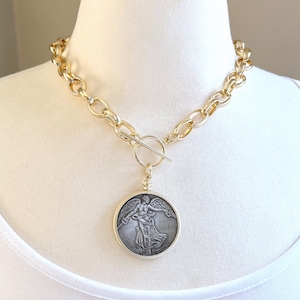 Chunky Gold Rolo Chain Necklace: French Victory Coin Medallion