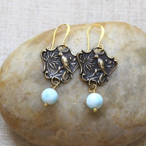 Bird Earrings, Larimar Earrings, Vintage Style Earrings, Bronze Earrings, Larimar Jewelry, Baroque Earrings, Gold Earrings, Sparrow Earrings