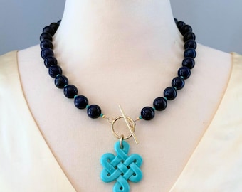 Turquoise and Lapis Necklace: Chunky Statement Jewelry, Knot Pendant