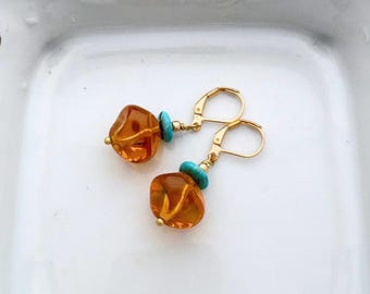 Cognac and Turquoise Earrings, Vintage Bead Earrings