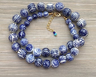 Chinoiserie Bead Necklace: Blue and White Porcelain, Grand Millennial Style.