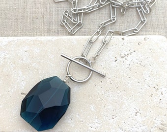 London Blue Glass Pendant Necklace: Gold Paperclip Chain