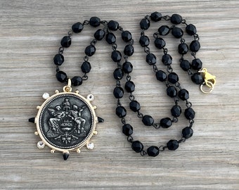 Coin Necklace, Black Necklace, Medallion Necklace, French Angel Necklace, French Necklace, LeMonde Necklace, Rosary Necklace, French Coin