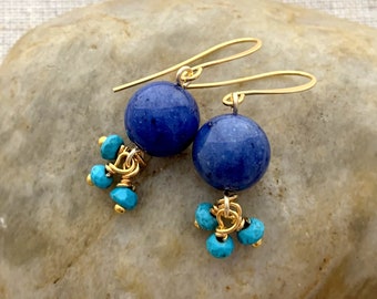 Lapis Earrings - Gemstone Earrings - Blue Earrings - Beaded Earrings - gold Earrings, Cobalt Earrings - Turquoise earrings, Cluster Earrings