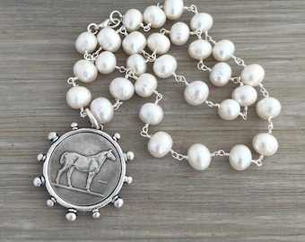 French Horse Coin Necklace: Freshwater Pearl Rosary Chain, Equestrian Jewelry