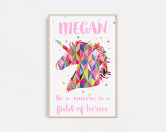 Personalised Unicorn Print, Unicorn Gift, Geometric Poster