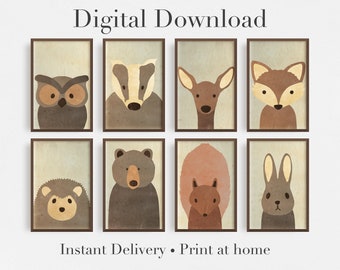 Woodland Nursery Digital Printable File Set - Nursery Room Decor - Forest Animal Print - Nursery Print Set - Bear Nursery Print