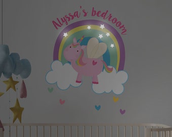 Personalisierte fliegeneinhorn und Regenbogen-Wand-Aufkleber, Einhorn-Wand-Aufkleber, Einhorn Zimmer Dekor, Regenbogen-Wand-Aufkleber