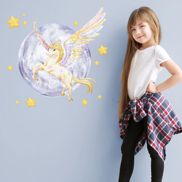 Mythical unicorn, moon and stars wall sticker, Unicorn wall decal, Unicorn room decor, Mythical unicorn wall sticker