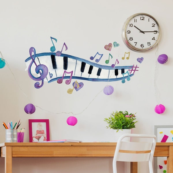 Piano de acuarela y notas de música pegatina de pared, decal de pared de música