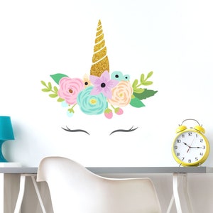 Printed glitter unicorn horn wall sticker, unicorn wall decal, rainbow room decor, unicorn room decor, unicorn horn wall decal