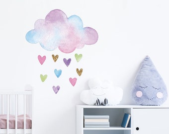 Watercolour Cloud and Hearts wall sticker, Pastel Cloud wall sticker, Rainbow room decor, Watercolour wall decal