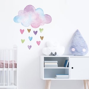 Watercolour Cloud and Hearts wall sticker, Pastel Cloud wall sticker, Rainbow room decor, Watercolour wall decal