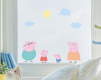 May include: A window decal featuring the characters from the animated television show Peppa Pig. The decal includes Peppa, George, Mummy Pig, and Daddy Pig. The decal also includes a sun and clouds.