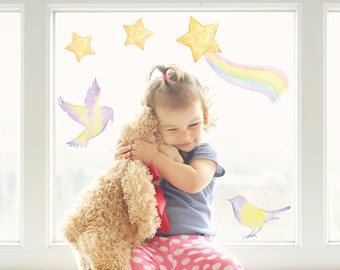 Mythical stars and birds window stickers, Mythical unicorn window decal, unicorn room decor