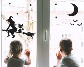 Witch and Cat on a Broomstick window sticker pack, Halloween Witch window sticker, Halloween window decoration, Halloween decoration