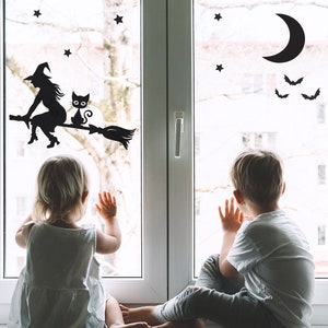 Witch and Cat on a Broomstick window sticker pack, Halloween Witch window sticker, Halloween window decoration, Halloween decoration