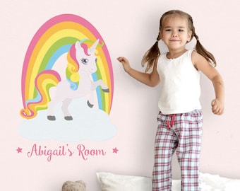 Personalisierte Regenbogen Einhorn Wandaufkleber, Einhorn Wandtattoo, Einhorn Zimmer Dekor, Regenbogen-Wand-Aufkleber