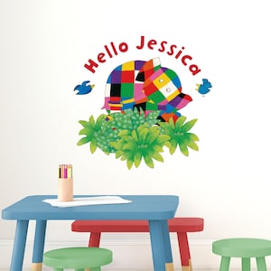 Personalised hello Elmer wall sticker, Elmer the patchwork elephant wall sticker