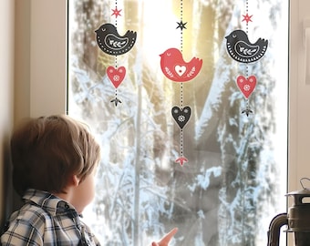 Scandi Hanging Birds pegatinas para ventanas, calcomanías para ventanas navideñas, pegatinas para ventanas navideñas, pegatinas para ventanas de pájaros