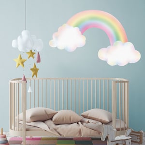 Adesivo murale Arcobaleno pastello con nuvole, Adesivo murale arcobaleno, Decalcomania arcobaleno, Decorazione murale arcobaleno, Camera da letto a tema unicorno Large