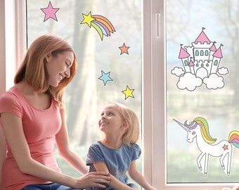 Unicorn and castle window sticker, rainbow window decal, rainbow room decor, unicorn room decor, unicorn window decal