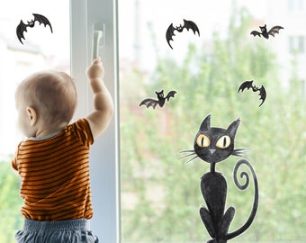 Cat and Bats window sticker pack, Halloween Cat window stickers, Halloween window decoration, Halloween decoration