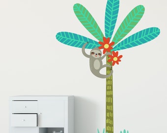 Sloth with jungle tree wall sticker pack, sloth wall decal