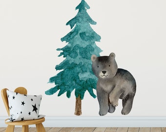 Forest bear and tree wall sticker, bear wall decal, Woodland wall sticker, Woodland theme, Forest theme, Forest wall sticker