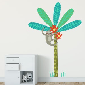 Sloth with jungle tree wall sticker pack, sloth wall decal
