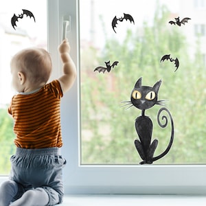 Cat and Bats window sticker pack, Halloween Cat window stickers, Halloween window decoration, Halloween decoration