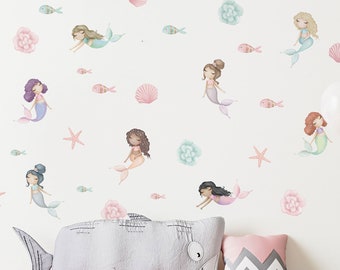 Cute Mermaid Wall Sticker Pack, Pink and Blue Mermaid Wall Decals, Mermaid Stickers for Walls, Mermaid Themed Room, Underwater Wall Stickers