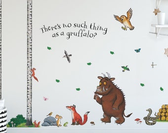 May include: Wall decal featuring characters from the children's book "The Gruffalo". The decal includes a brown Gruffalo, a red fox, a brown mouse, a green frog, a brown owl, a squirrel climbing a birch tree, and the text "There's no such thing as a Gruffalo?"
