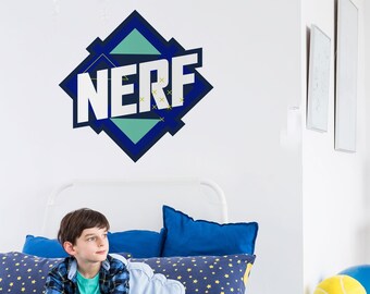 Adhesivo de pared con el logotipo de Nerf azul, adhesivo de pared Nerf, adhesivo de pared Nerf, dormitorio temático Nerf, paquete de adhesivos de pared Nerf