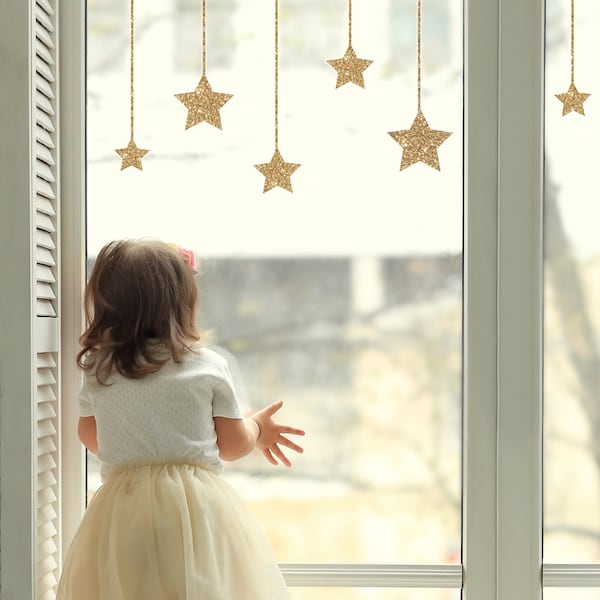 Gold Stars window stickers, Christmas window stickers, Stars on Strings window stickers, Christmas window decorations, Star window stickers