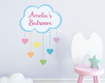 Personalised rainbow hearts and cloud wall sticker, unicorn room decor, rainbow wall decal