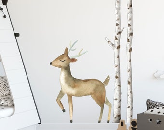 Watercolour tree and animal wall sticker, woodland animal wall decal