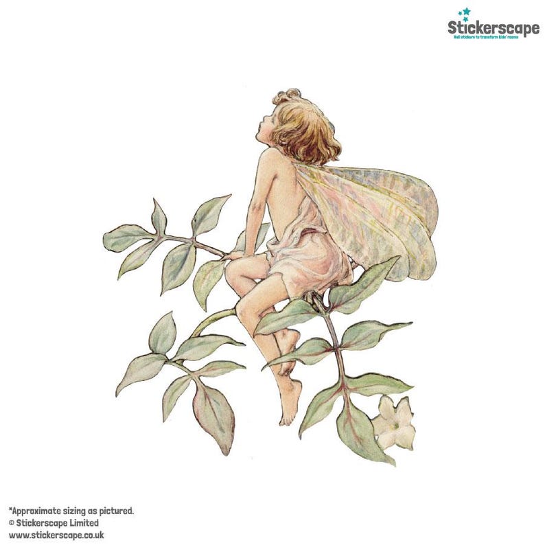 May include: A delicate fairy with wings sits on a branch of a leafy plant with white flowers. The fairy is wearing a pink dress and has blonde hair. The fairy is looking up at the sky.